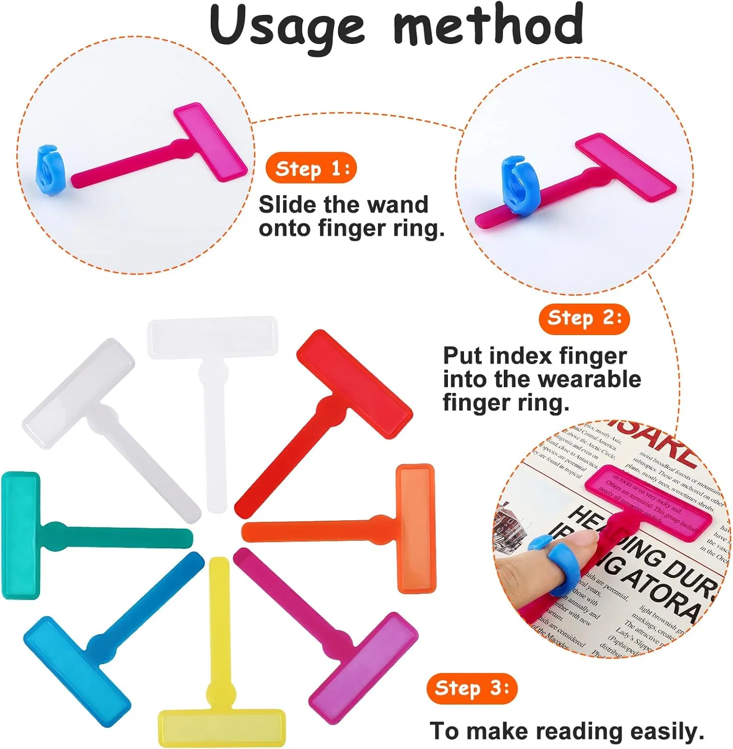 Guided Reading Strips,Finger Focus Highlighter,Children Adhd Finger Trackers with Finger Rings,Dyslexia Tools for Kids Bookmark Reading Trackers Reading Tools
