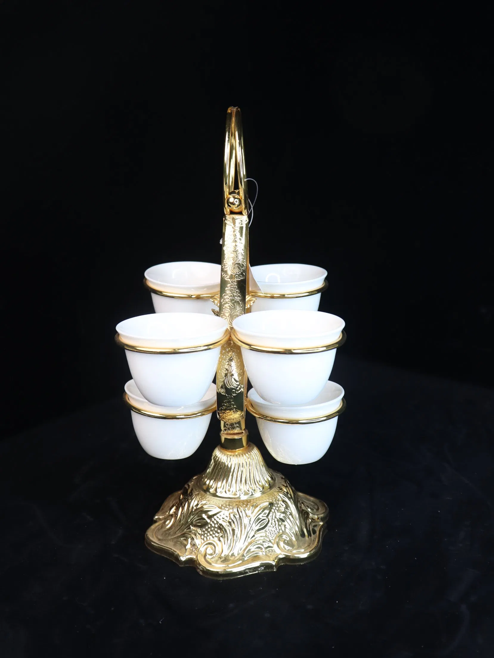 Decorative Gold-Plated Iron Frame with 6 Ceramic Tea Cup Ornaments Set