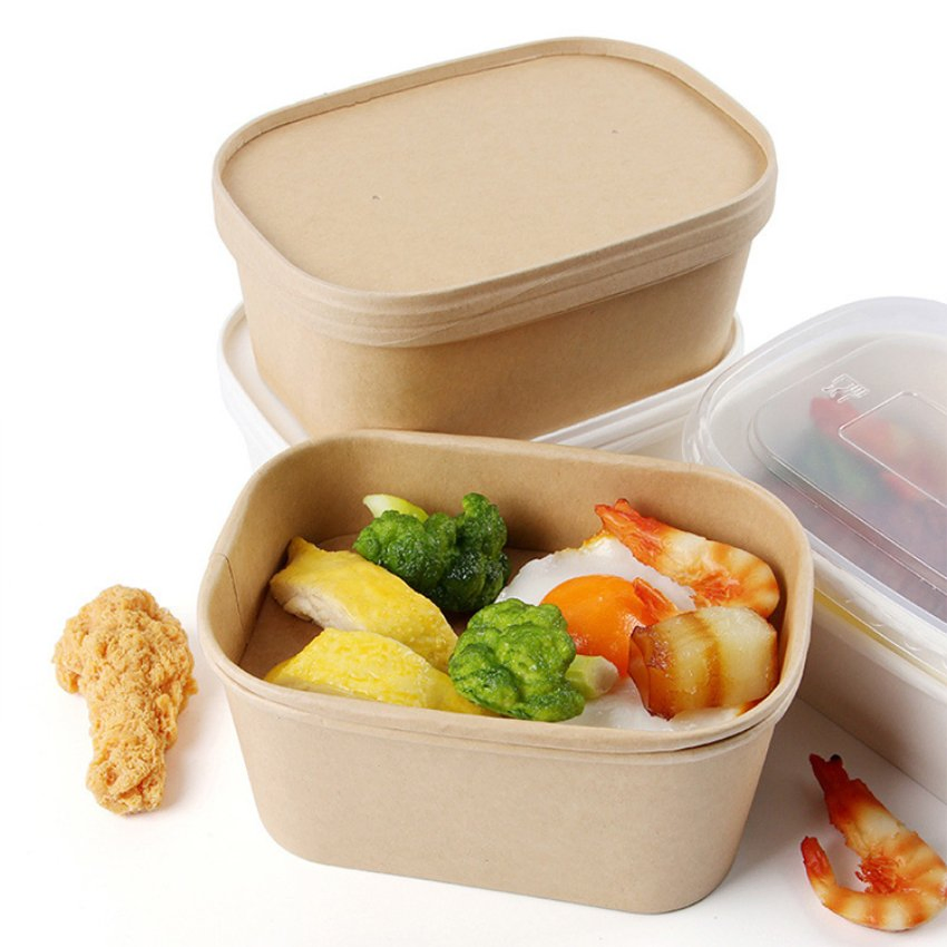 Eco-Friendly Fast Food Salad Takeout Package Disposable Kraft Paper Bowl with Lid