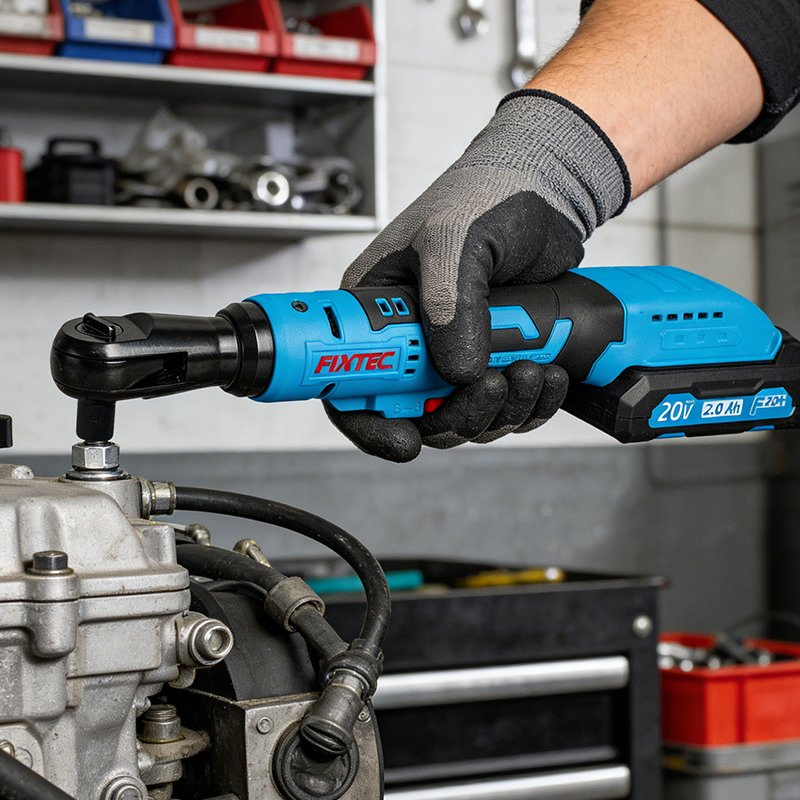 Fixtec 20V Cordless Power Tool Set Charger Batteries Household Ratcheting Wrench 3/8" Variable-Speed Ergonomics Ratchet Wrench Kit