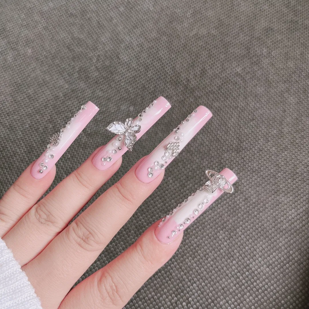 Super Long Coffin Pink Rhinestone Acrylic French Nail Art Luxury Press on Nails False Artificial Fingernails Fake Nails