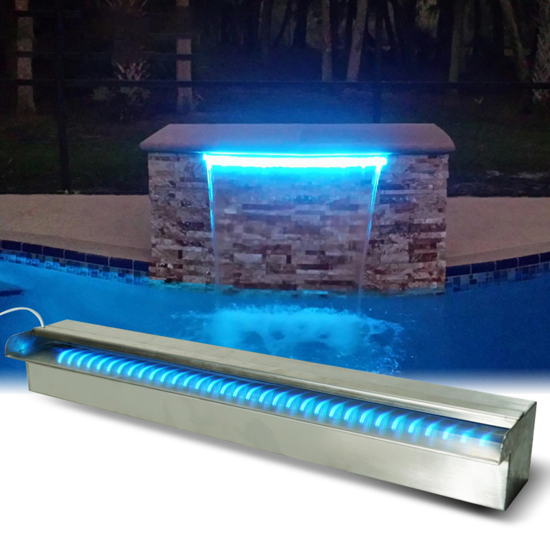 Pool Waterfall Spillway Stainless Steel Koi Pond Fountain APP Control LED Lighted Waterfalls Kit Outdoor Water Flow Fountains