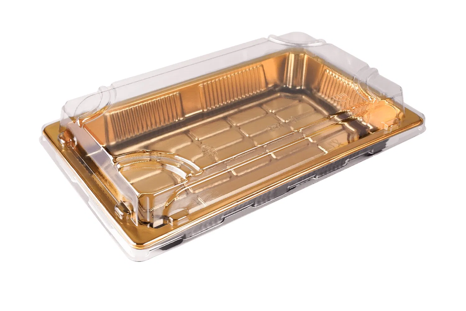 Disposable Food Grade Plastic Pet Takeaway Container Sushi Packaging Tray with Lid Gold Rectangular