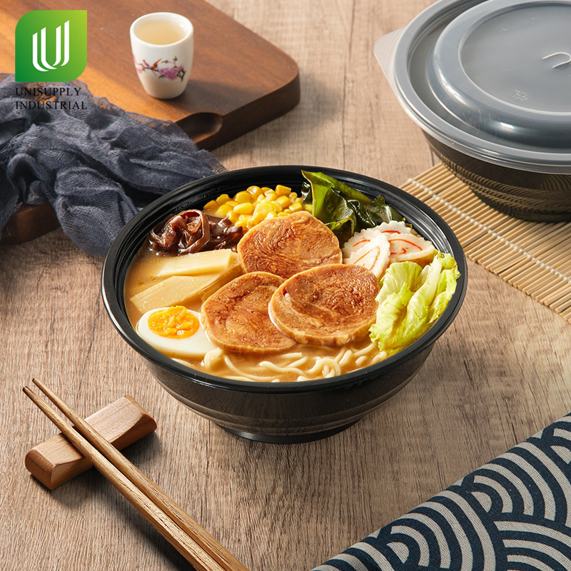 Unisupply Custom Black Plastic Bowl Plastic Plates Bowls Set for Takeaway Food