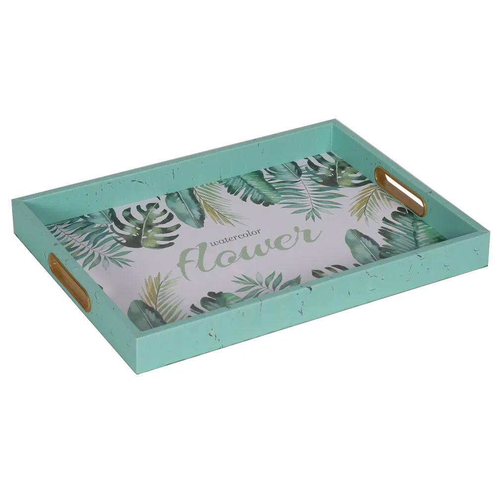 Tropical Leaves Decorative Tray with Handles, Green Print Wooden Serving Tray for Coffee Table, Ottoman, Kitchen Counter and Vanity Organization