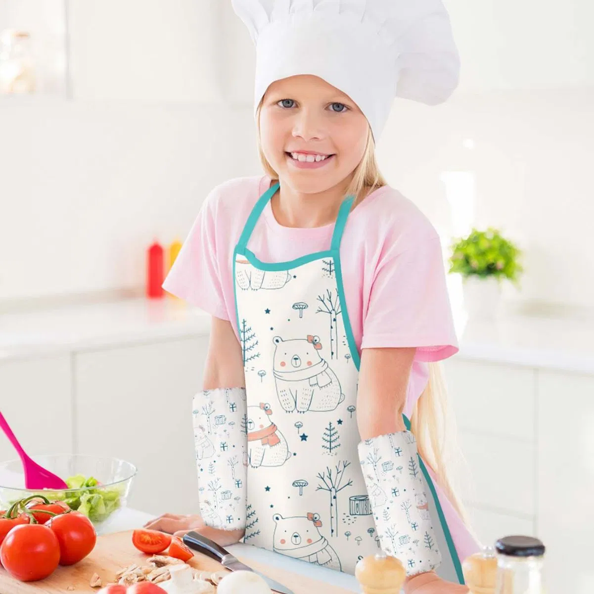 Children's Apron and Sleeve Set, Waterproof and Oil-Proof Printed Apron Two-Piece Set, Kitchen Apron and Sleeve Set