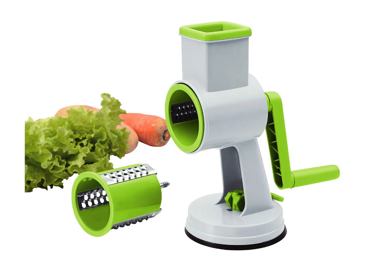 Hand Crack Rotary Drum Grater with 2 Interchangeable Stainless Steel Grating Blades and Suction Base