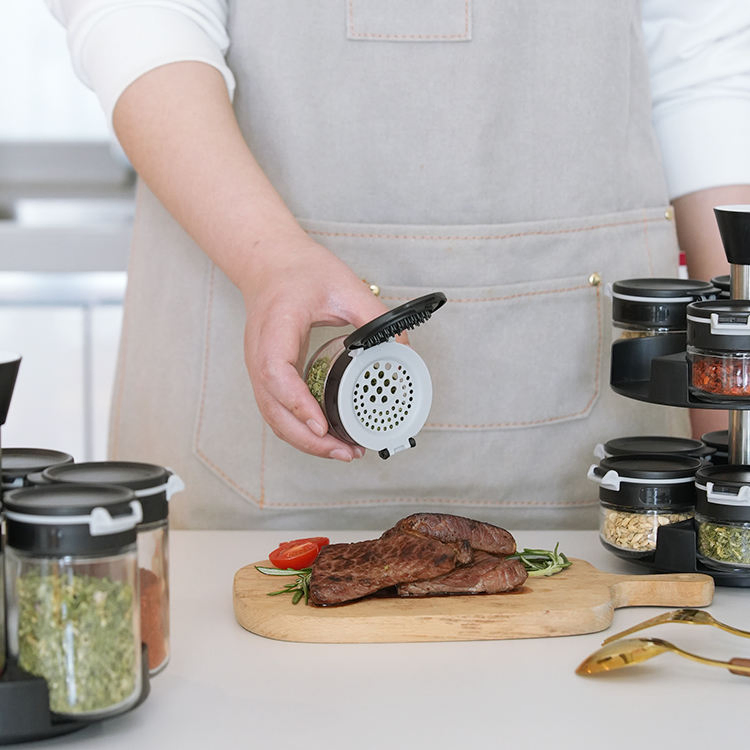 Kitchen 85ml Clear Glass Spice Storage Jar Set with Stainless Steel Organizer 2 Tier Rotating Carousel Rack