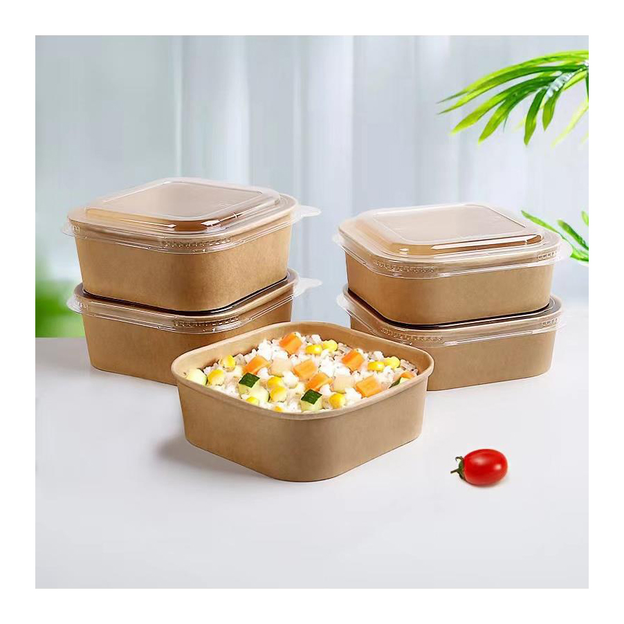 Disposable Oil Resistant Rectangular Square Soup Containers 1000ml Round Food Grade Custom Logo Printed Kraft Salad Paper Bowl with Lid