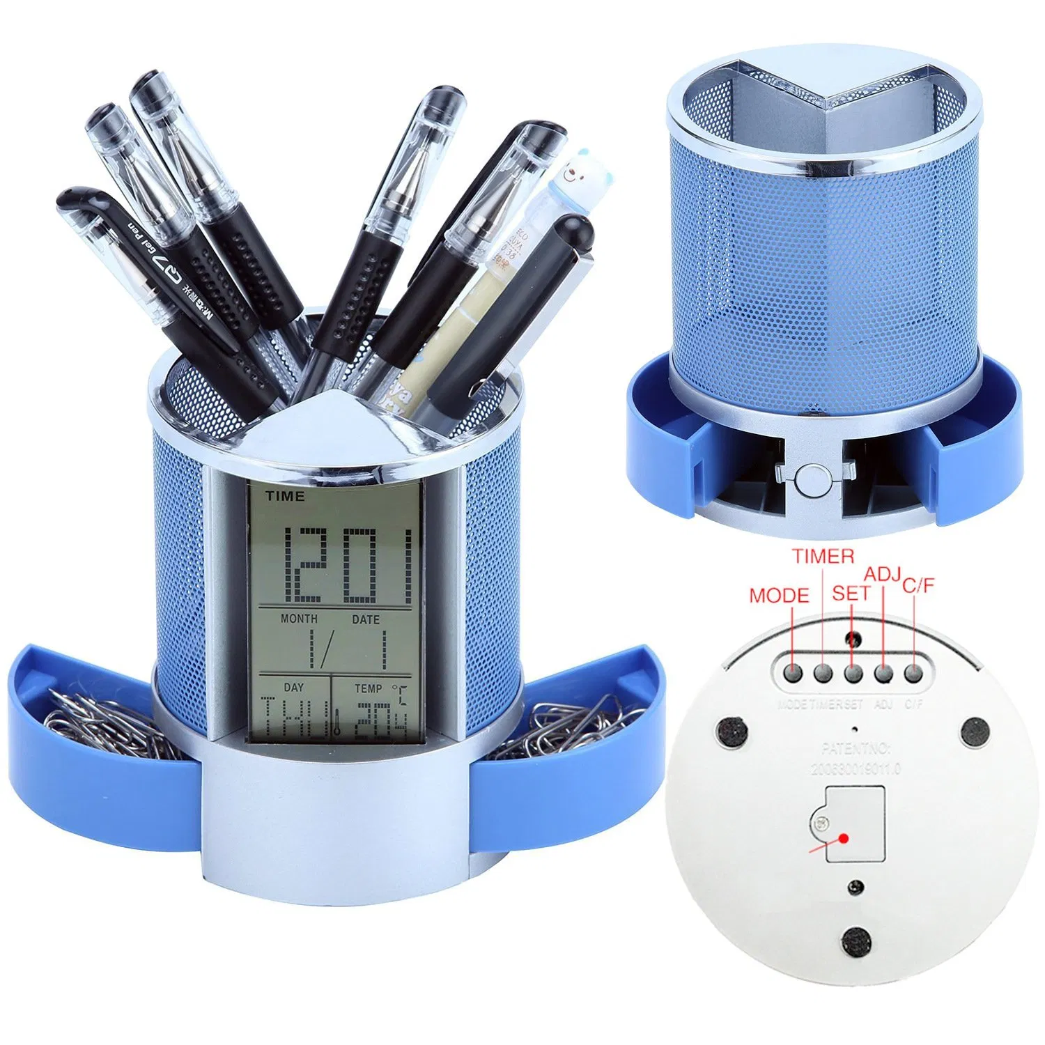 Table Alarm Clock Time Temperature Display Pen Holder Office Desk Electronic Calendar Clock