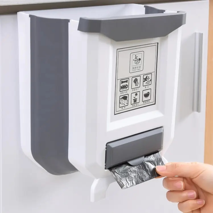 Kitchen Hanging Trash Can Wall Mounted Plastic Folding Waste Bin