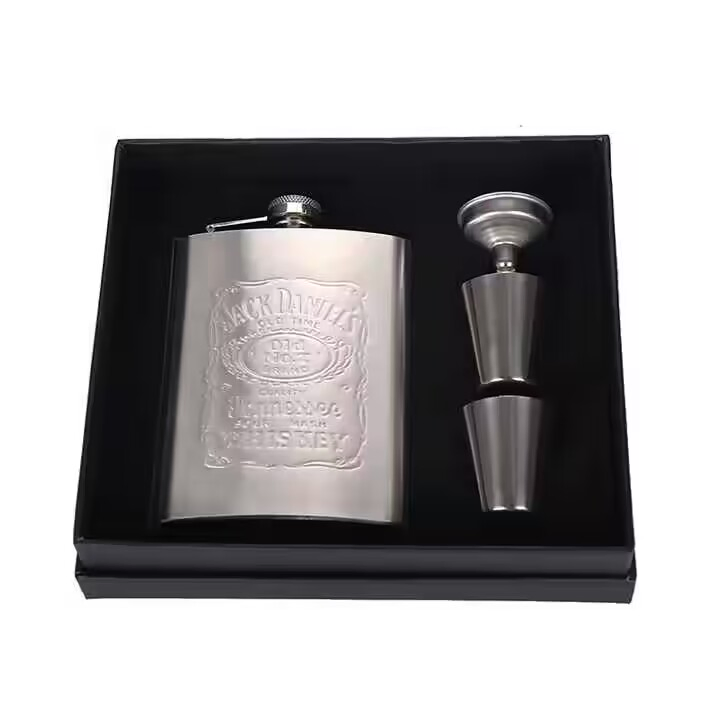 6 Oz Whisky Vodka Metal Gold Black Hip Flask Set with Funnel for Gentleman Jack Tullamore D. E. W.