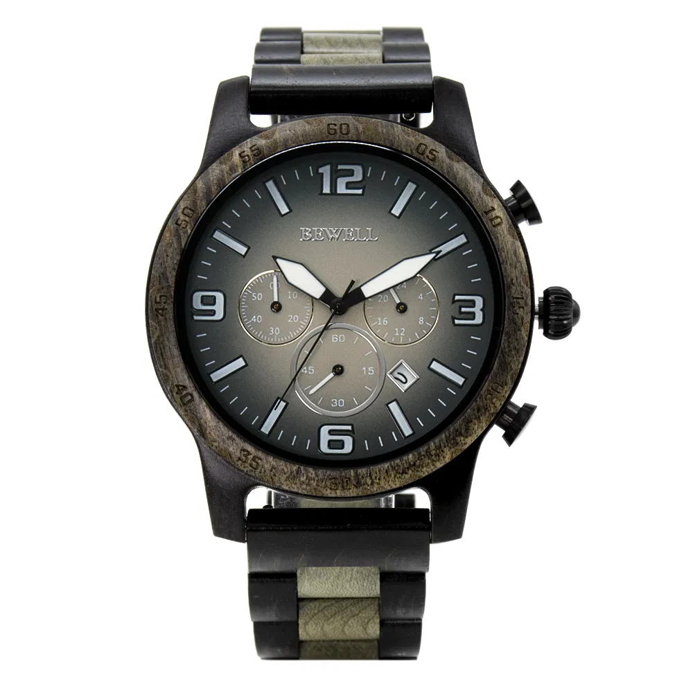 Bewell New Men Wristwatches Natural Wood Case and Band Gradual Color Dial Men Wood Watch