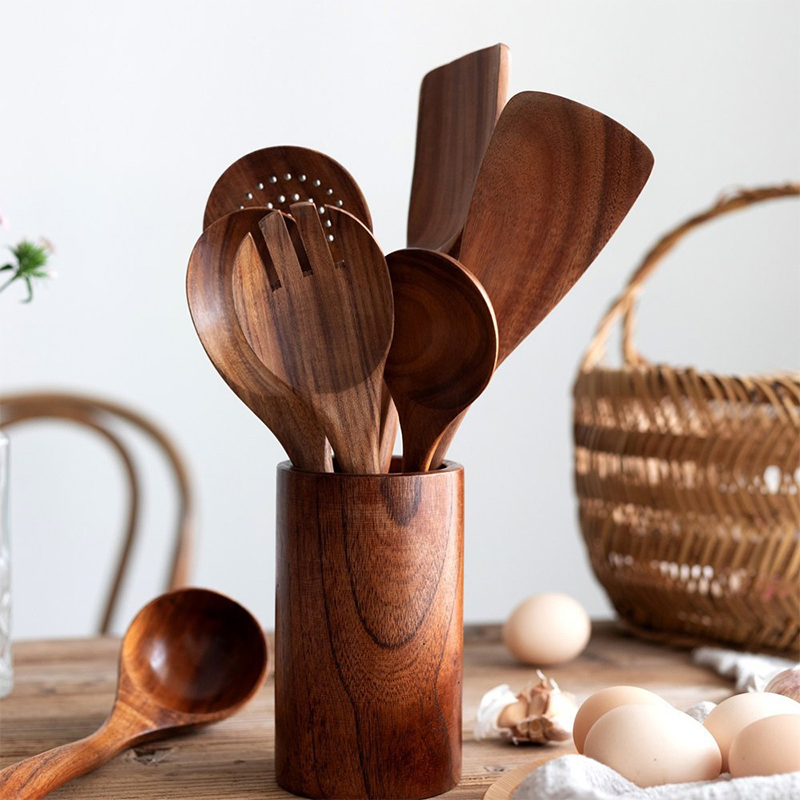 Durable Acacia Teak Wood Kitchen Cooking Tools 6PCS Kitchen Wooden Cooking Utensils Set