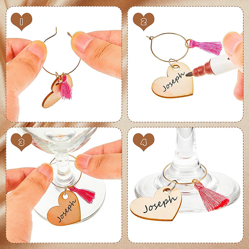 Custom Maple Poywood Wng Gwp Champaign Glass Tag Valentine′ S Day Party Creative Wine Glass Ring Recognizer Wood Love Decoration Tassel Wine Glass Ring