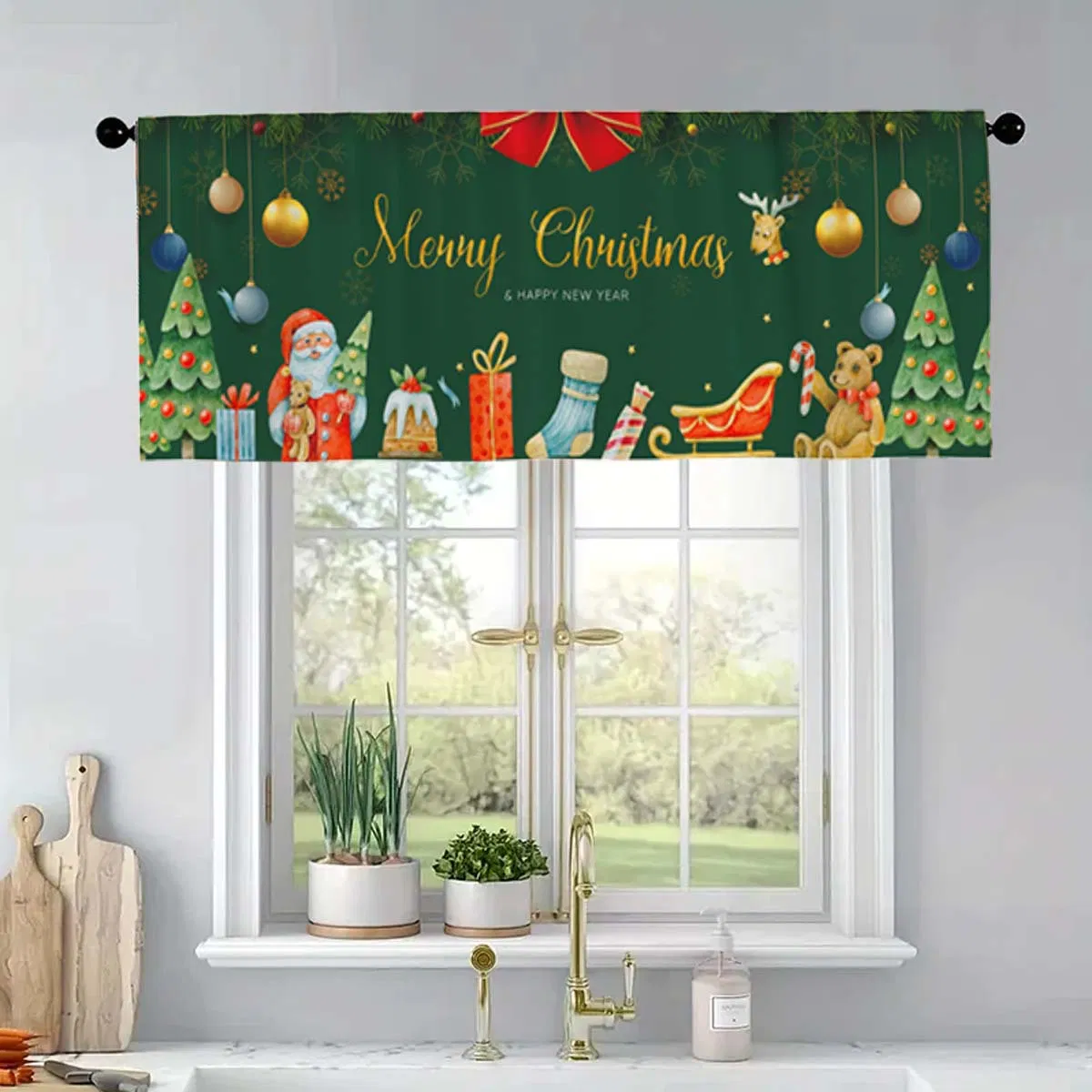 Christmas Decorations, Holiday Parties, Santa Claus Curtains, Short Curtains, Kitchen Blackout Window Curtains