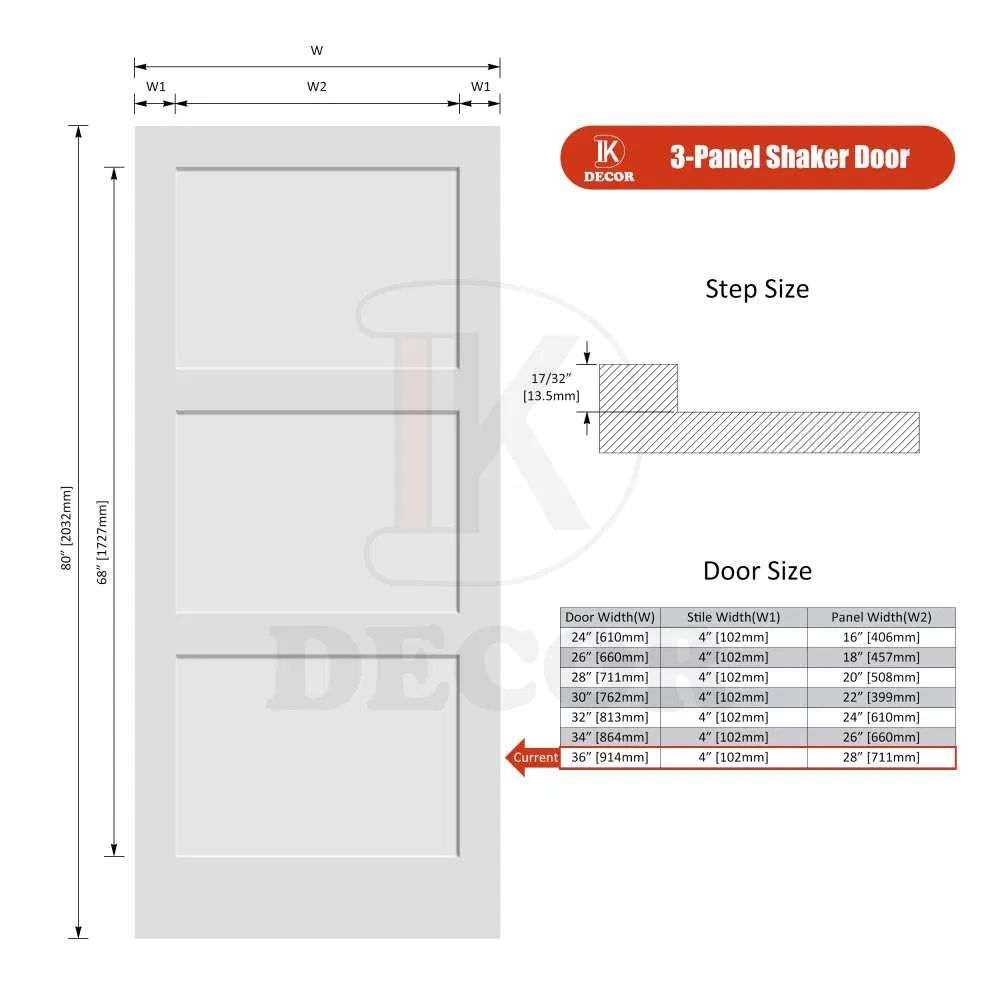 Modern Room Wood 3 Panel Design MDF Solid Core Prehung Interior Shaker Door for House