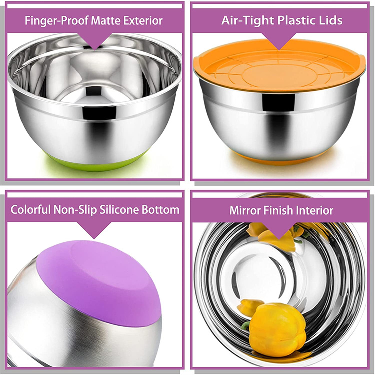 Customized Logo Stainless Steel Metal Nesting Mixing Salad Bowls with Lids Anti Slip Silicone Bottom