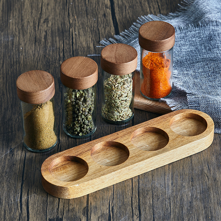 Japanese Round Glass Seasoning Jar Acacia Wood Lid Seasoning Bottle Kitchen Storage Jar