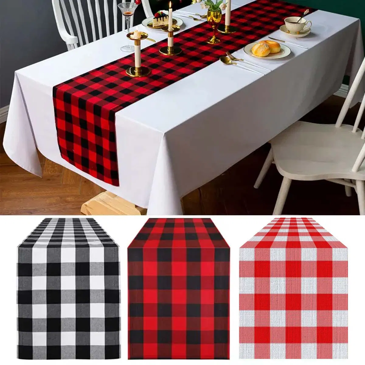 Festive Atmosphere Event Christmas Desktop Decoration Polyester Fabric Three-Color Checkered Red and Black Table Flag