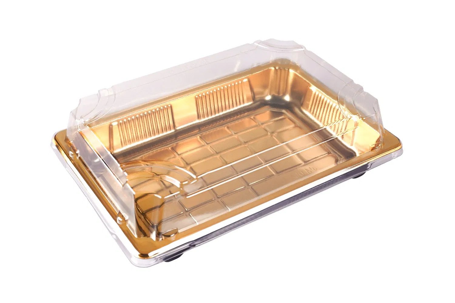 Disposable Food Grade Plastic Pet Takeaway Container Sushi Packaging Tray with Lid Gold Rectangular