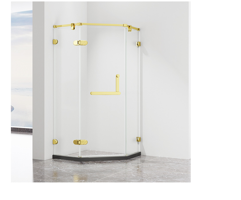 Brass Golden Frame Pivot Door Four Fixed Two Open Rectangle Shape Shower Enclosure