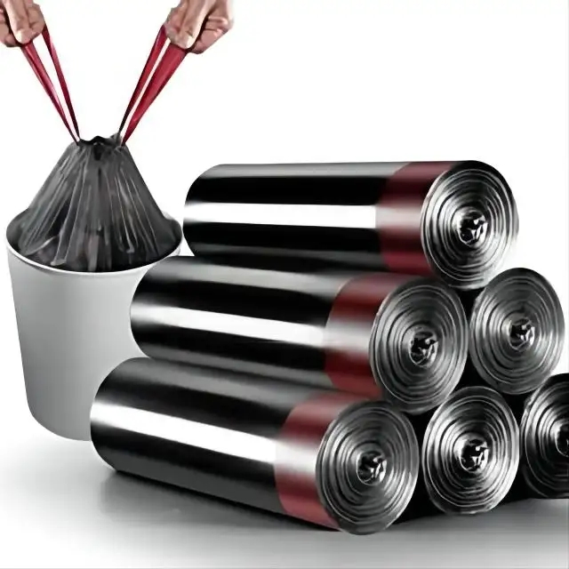 Eco Friendly Recycled Compostable PE Black Plastic Drawstring Trash Garbage Bag