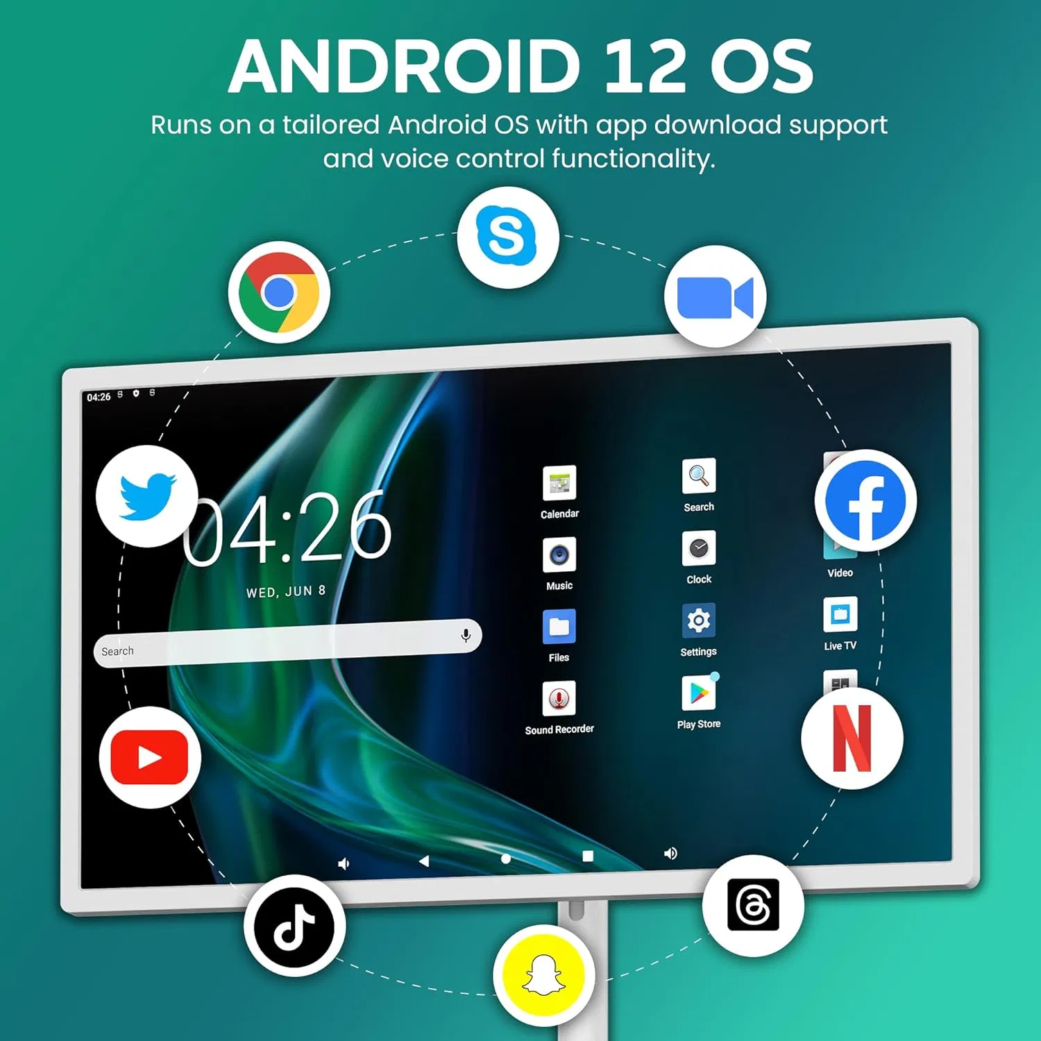 32-Inch Full Swivel Rotation Android 13 Portable Monitor with Built-in Battery4K UHD Rolling TV on Wheels Touch Screen Display