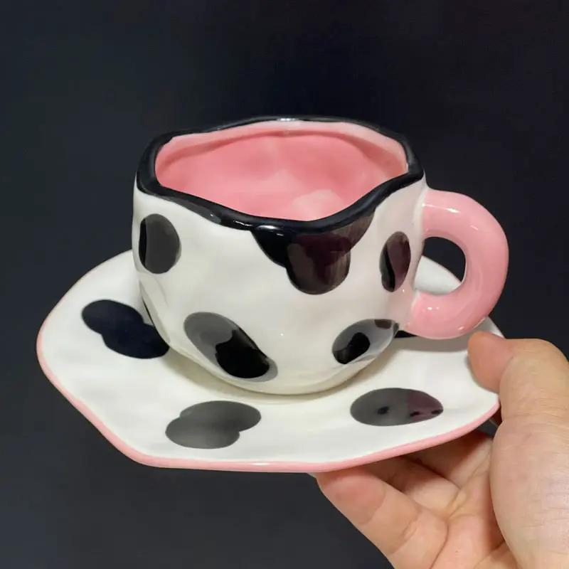 250ml Irregular Ceramic Coffee Mug with Saucer for Office and Home