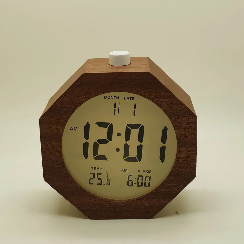 Octagon Shape Solid Wooden LCD Alarm Temperature Clock