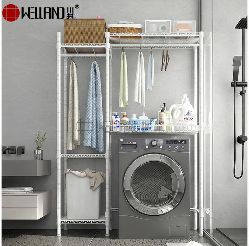 Space Saver Storage System Adjustable Washer Dryer Storage Shelf White Laundry Room Drying Rack with Hanger Rod