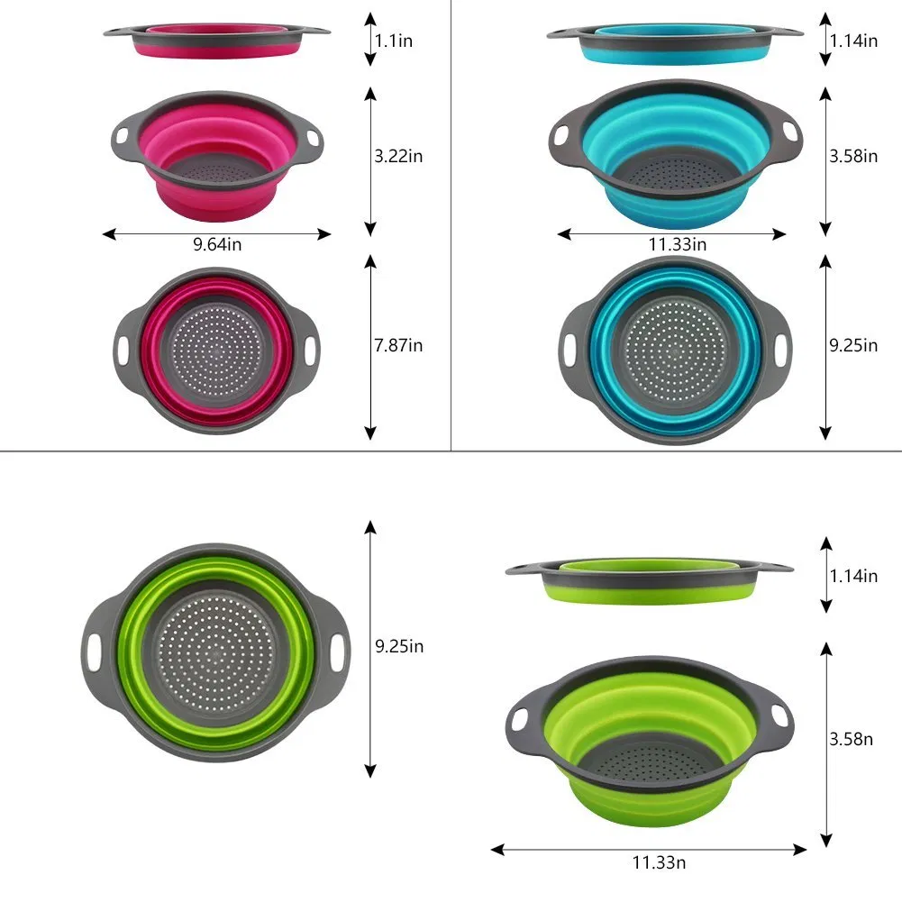 Collapsible Colander 3 Pack Round Silicone Kitchen Pasta Vegetable Fruit Strainer