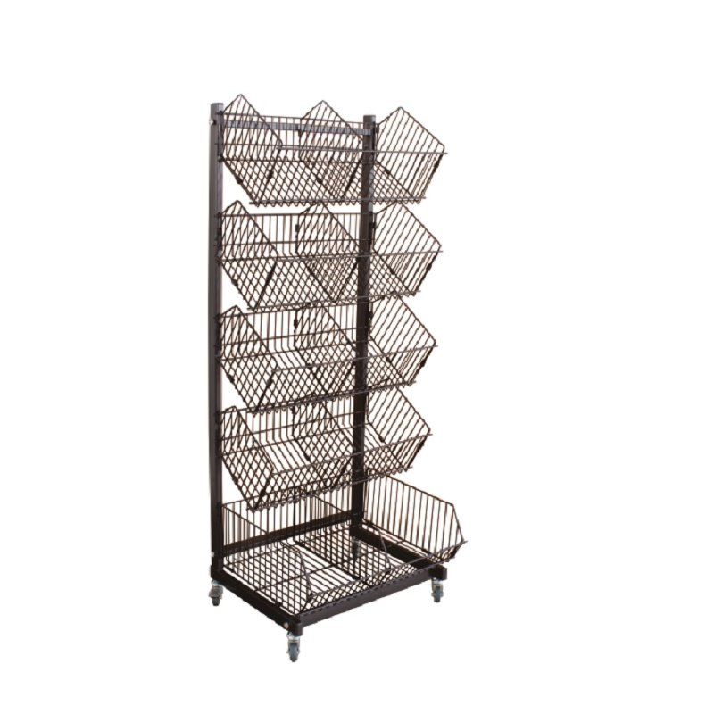 Three Layers Four Wheels Movable Supermarket Shop Basket Display Rack Double Columns