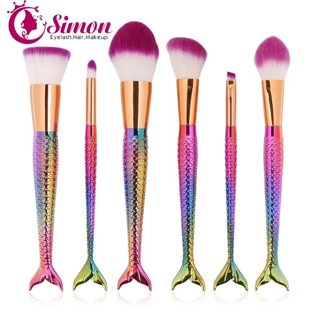 6PCS Per Set Mermaid Makeup Brush Rose Rainbow Color Mermaid Brush with Beauty Pouch