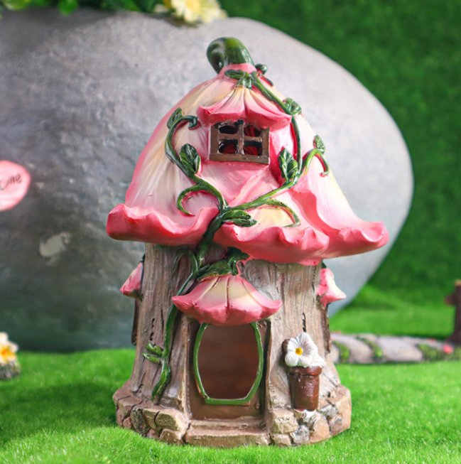 Garden Landscape Resin Mushroom Pink House with Solar Light Figurine
