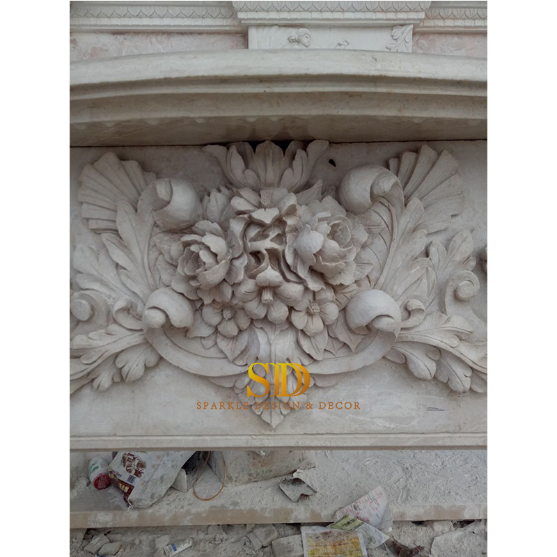 Hand Carved Beige Limestone Fireplace Surround with Roses