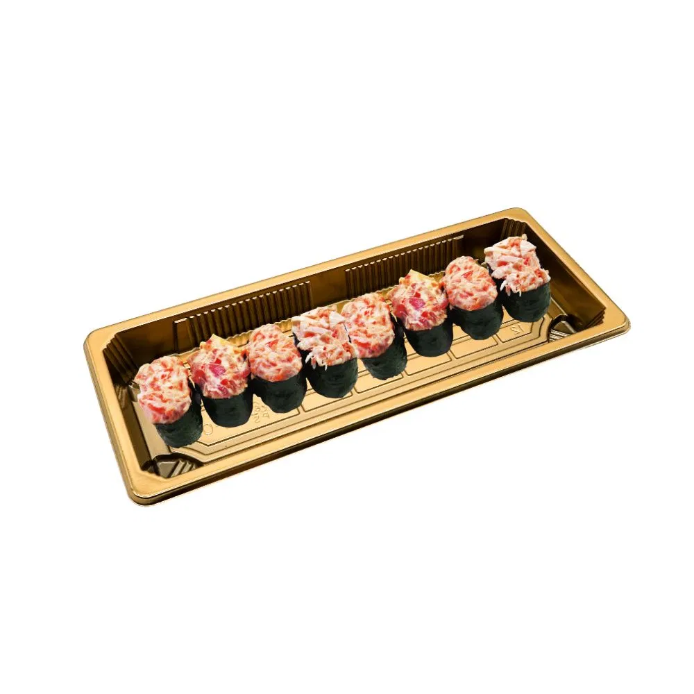 Food Grade High Quality Gold Sushi Food Packaging Disposable Leakproof Rectangular Food Container Plastic Takeaway Sushi Tray with Lid