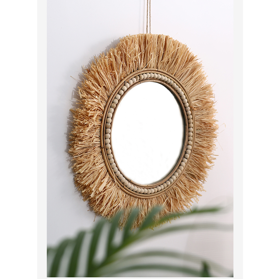 Rattan Mirror with Grass Decor