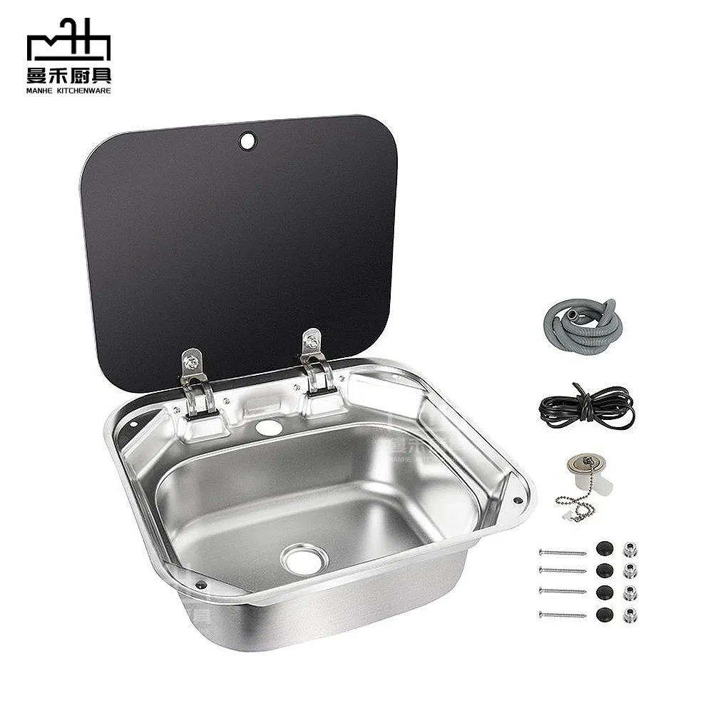 RV Caravan or Boat Stainless Steel Hand Wash Basin Sink with Folded Faucet Tempered Glass Lid Van Camper Trailer Accessories