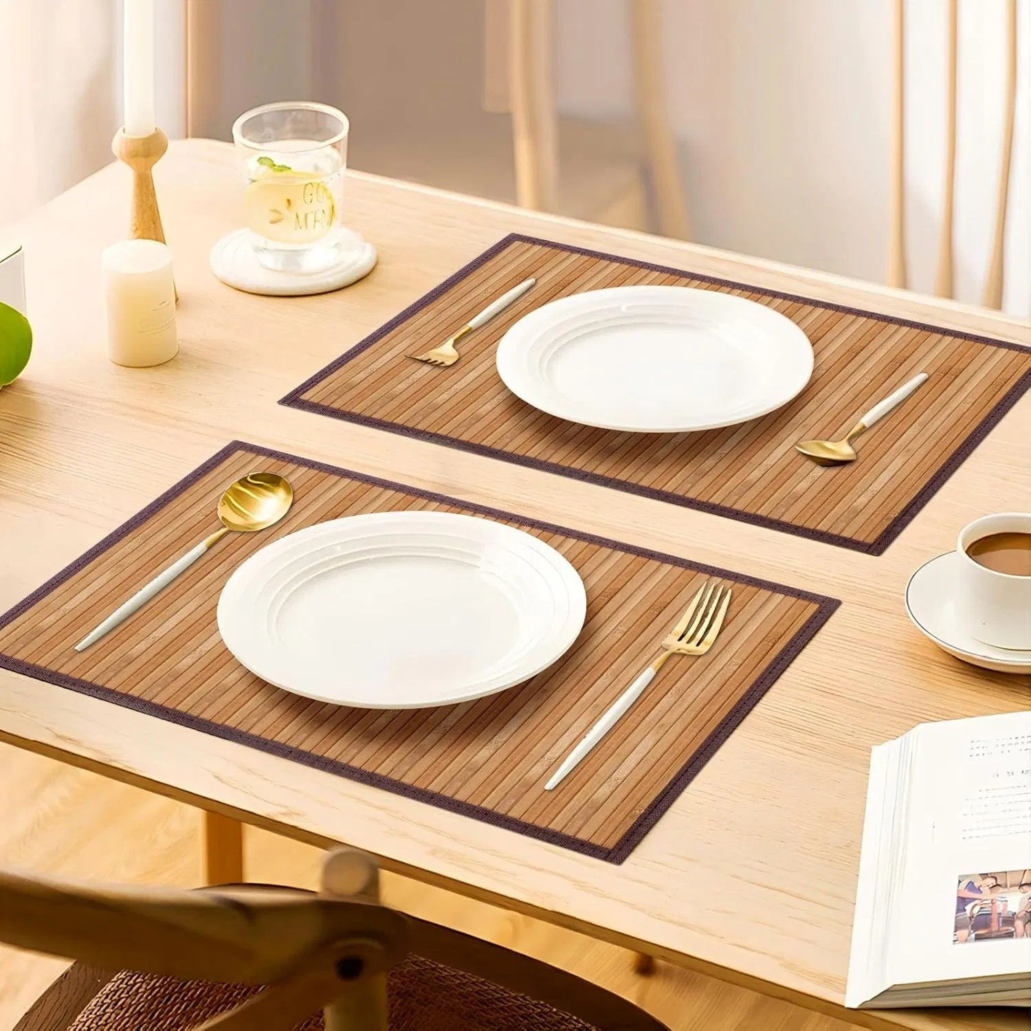 Natural Bamboo Table Matrectangular with Cloth Edge, Rollable Placemat for Dining