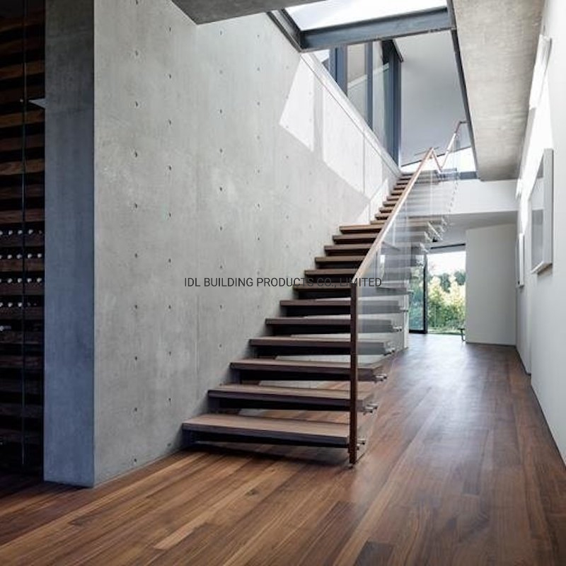 Commercial Tempered Solid Wood Floating Staircase Hidden Steel Stringer Hot Sale Modern Style Glass Handrail Straight Staircase