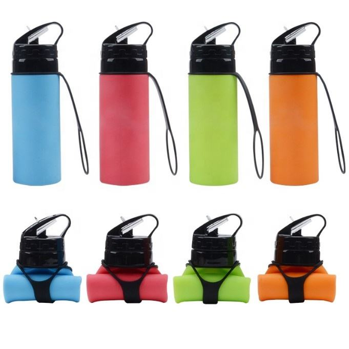 Portable Sports Drinking Bottle with Handle Silicone Collapsible Water Bottle Customized Logo