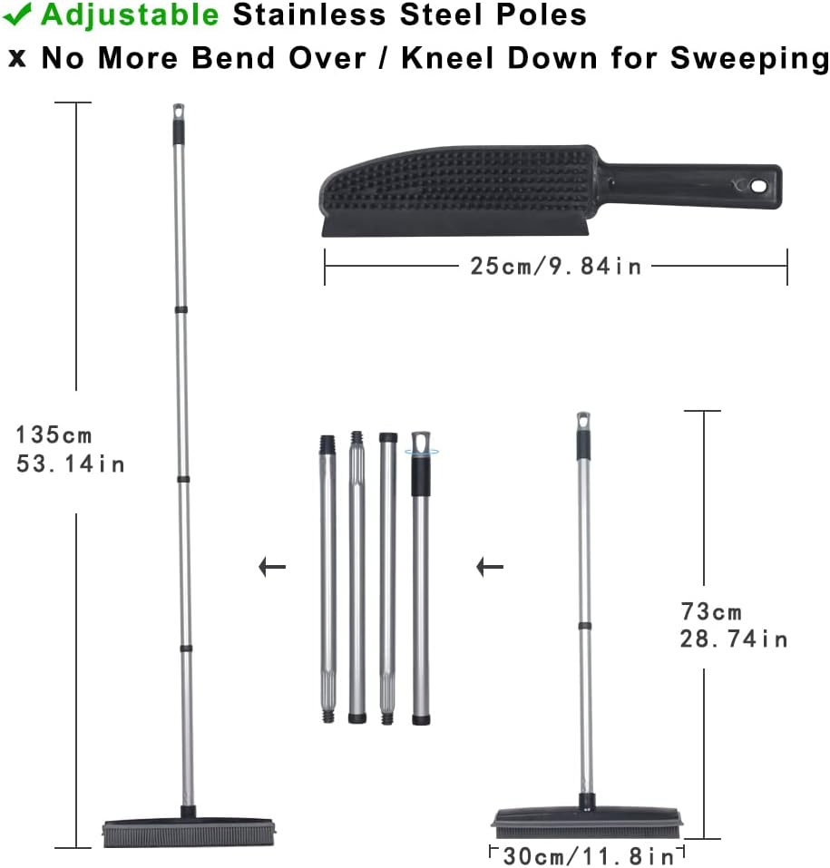 Water Resistant Long Handle Rubber Broom for Pet Cat Dog Hair Carpet