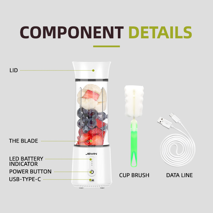 Jewin Type-C Portable Electric Juicer Cup 500ml Fruit Mixer with Indicate Light