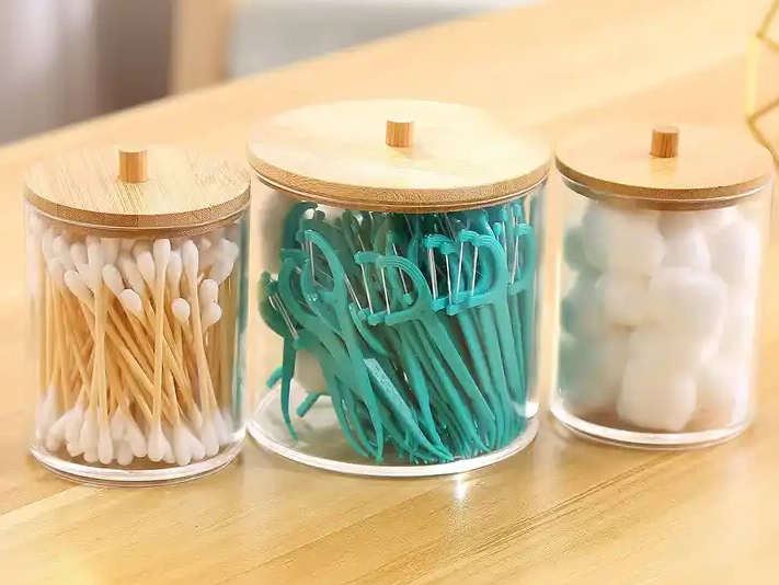 PS Acrylic Organizer Cotton Swab Ball Pad Bud Holder, Qtip Jar Clear with Bamboo Lids