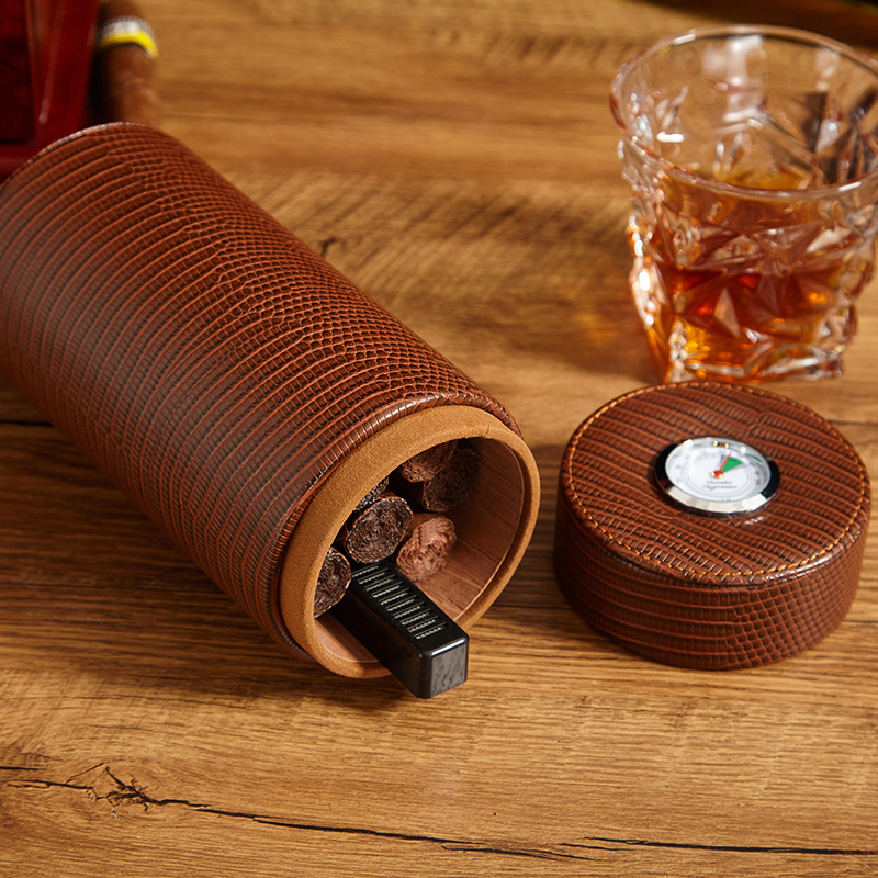 Round PU Leather Cigar Storage Humidor Case Container Jars
