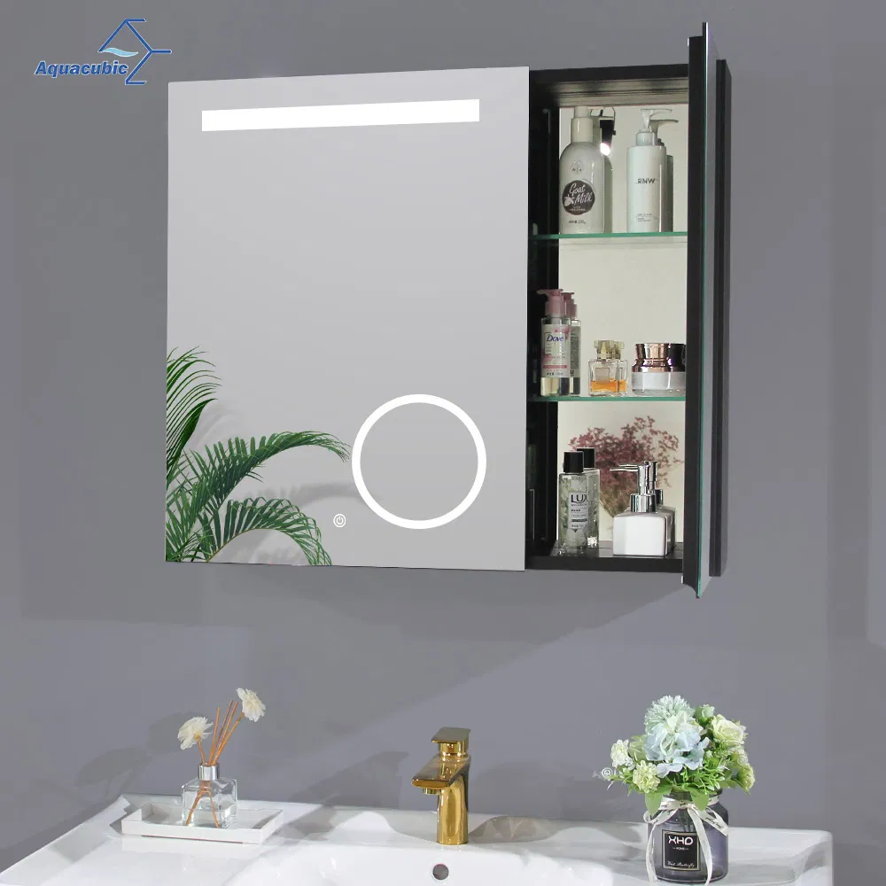 Bathroom LED Mirror Cabinets with Double Doors, Aluminium Frame Smart Mirror Storage Cabinet with Magnifying Mirror