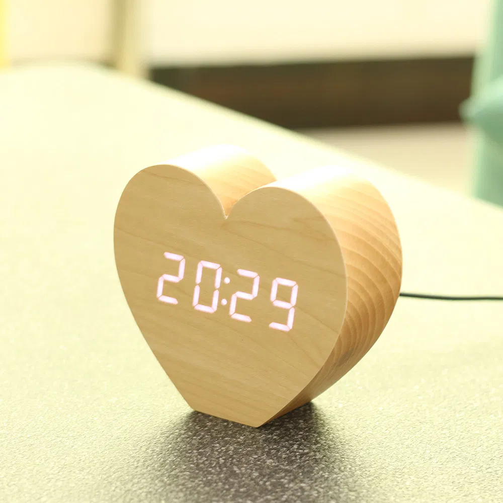 Heart Shape Wood LED Alarm Clock Love Gift Smart Desktop Decoration