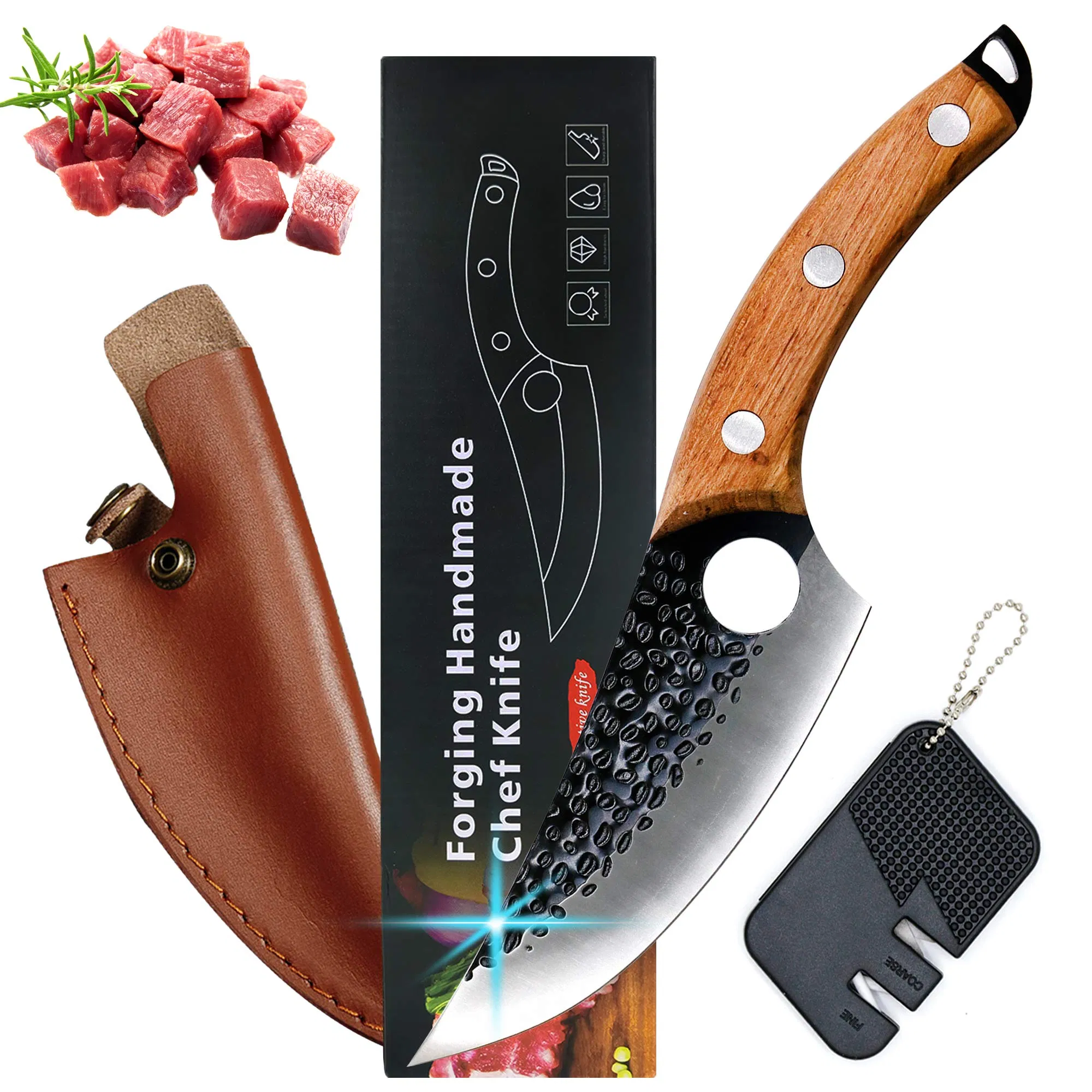 Viking Knife Hand Forged Boning Knife with Sheath & Pocket Sharpener High Carbon Steel