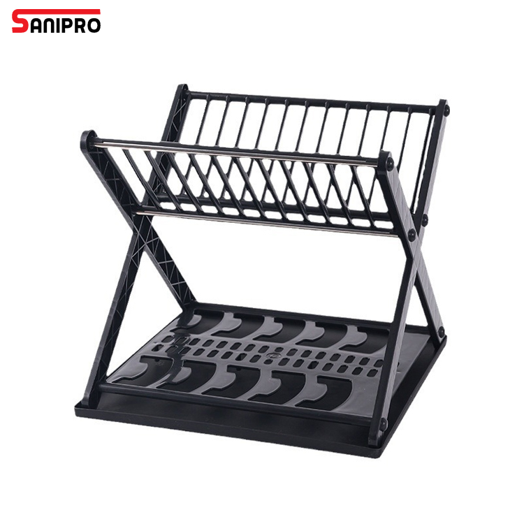 Sanipro kitchen Counter Accessories 2 Tier Plastic Plate Drying Rack Cutlery Dish Drainer Storage Holders with Drain Board